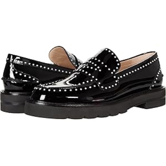 Stuart Weitzman Shoes - Black Patent Leather Loafers with Studded Detail